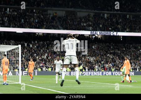 MADRID, ESPAGNE - 11 novembre : Rodrygo Goes du Real Madrid célèbre un but lors du match de la liga 2023/24 entre le Real Madrid et Valence à Sant Banque D'Images
