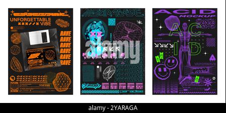 Set d'affiches rétro-futuristes, Y2K, style techno Illustration de Vecteur