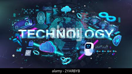 Bannière hi-tech. Technologies et réseaux de réalité virtuelle alimentés par des logiciels. AR, VR Illustration de Vecteur