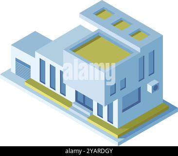 Illustration isométrique avec un bâtiment moderne et minimaliste avec un toit-terrasse, de grandes fenêtres et un garage attenant, idéal pour l'architecture Illustration de Vecteur