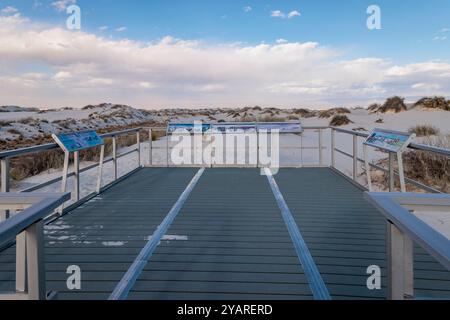 La signalisation informe les visiteurs sur les dunes et la faune le long de la promenade Interdune Boardwalk au-dessus des dunes de sable gypse dans le parc national White Sands près d'Alamogord Banque D'Images