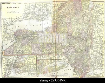 SEATTLE -SEP 11, 2022 - carte historique détaillée de l'état de New york montrant les principales villes, comtés, lacs et états limitrophes, datant de 1893 Banque D'Images