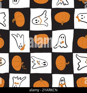 Modèle vectoriel sans couture avec de mignons fantômes et citrouilles d'Halloween sur damier noir et blanc. Illustration vectorielle Illustration de Vecteur