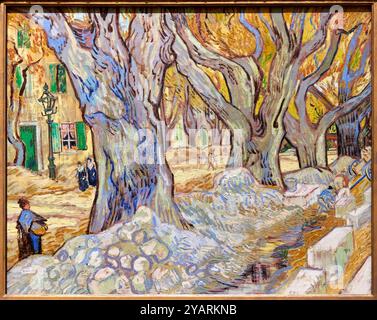 The large plane Trees (Road Menders at Saint-Rémy), 1889, Vincent Van Gogh (1853-1890), exposition poètes et amoureux, National Gallery, Londres, Royaume-Uni Banque D'Images