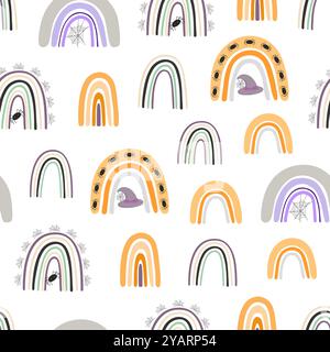 Motif sans couture arc-en-ciel d'Halloween, illustration répétée dessinée à la main simple dans des couleurs pastel à la mode, concept minimaliste parfait pour le textile, décor de célébration, cartes, papier cadeau, papier de papeterie Illustration de Vecteur