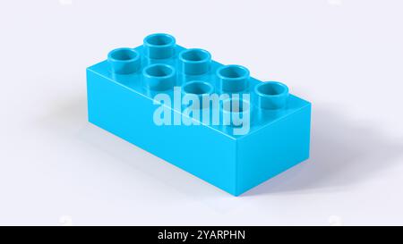 Bloc Lego en plastique cyan sur un fond blanc. Brique de jouet pour enfants, vue en perspective. Vue rapprochée d'un bloc de jeu pour constructeurs. Rendu 3D. 8K Ultra HD, 7680 x 4320, 300 dpi Banque D'Images
