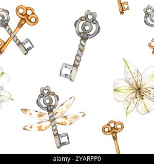 Motif sans couture aquarelle avec des touches volantes et des fleurs blanches. Fond vintage avec des articles à l'ancienne et des lis. Fonds d'écran dessinés à la main pour le texte Banque D'Images