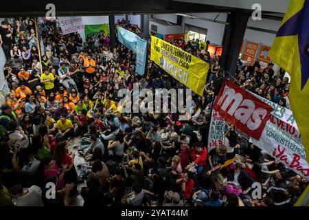 Buenos Aires, Argentine. 14 octobre 2024. Les étudiants se rassemblent à la Faculté de philosophie et des sciences humaines lors d'une manifestation de plusieurs jours contre les coupes budgétaires dans le système universitaire. Le président Milei avait opposé son veto à la décision de la législature de mettre à jour les budgets universitaires. Crédit : Cristina Sille//dpa/Alamy Live News Banque D'Images