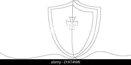 dessin en ligne continue d'un bouclier avec une croix en son centre. Le design est rendu à l'aide d'une ligne unique, ininterrompue, créant un style épuré et minimaliste Illustration de Vecteur