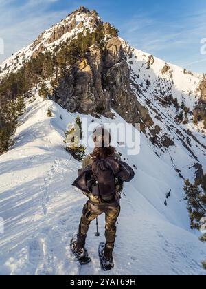 Un randonneur en raquettes se tient sur une crête enneigée, contemplant un sommet rocheux imposant dans les Alpes françaises. Le terrain accidenté est parsemé de pins u Banque D'Images