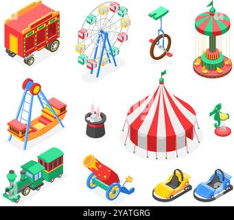 Eléments de cirque isométriques. Icônes colorées de parc d'attractions, carrousel de voitures de tente train lumineux d'enfants. Cylindre magicien avec oreilles de lapin, impeccable Illustration de Vecteur