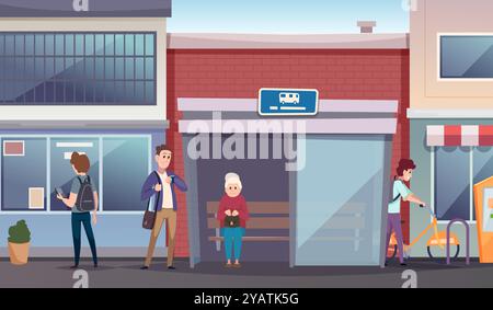 personnages urbains. les gens dans la gare routière de la ville. fond de dessin animé extérieur de vecteur Illustration de Vecteur