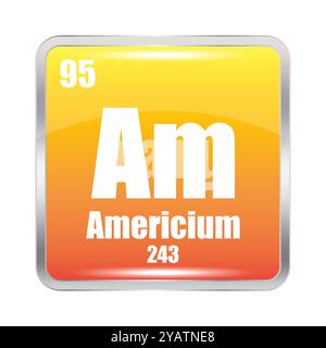 Symbole de l'élément américium. Numéro atomique 95. Masse 243. Icône carrée jaune. Illustration de Vecteur