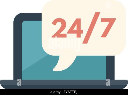 L'ordinateur portable affiche une disponibilité de 247 dans une bulle de discours, représentant un support client constant Illustration de Vecteur