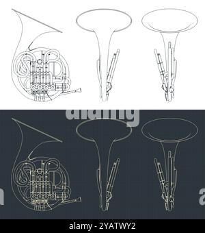 Illustration vectorielle stylisée des plans d'un cor français Illustration de Vecteur