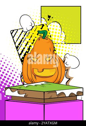 Podium de produit de bande dessinée pour la présentation de maquette avec citrouille Jack O' Lantern d'Halloween. Fond de bande dessinée rétro. Illustration de Vecteur