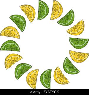 Citron et citron vert cadre bordure circulaire dans des tons vifs à la mode. Copier l'espace modèle de carte de vœux. Couverture d'illustration vectorielle isolée, affiches, dépliants, bannières, brochures, étiquette de prix, étiquette ou web Illustration de Vecteur