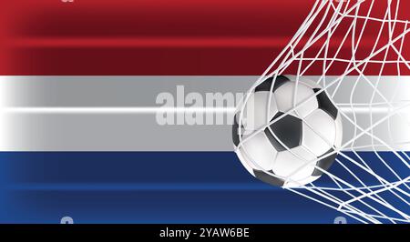 Football ballon de football dans Goal Net isolé sur drapeau ombré des pays-Bas, équipement accessoire de sport pour jouer au jeu, au championnat et à la compétition Illustration de Vecteur