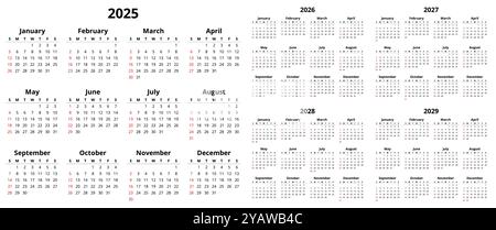 2025, 2026, 2027, 2028 et 2029 ans calendriers annuels anglais avec 12 mois. Illustration vectorielle modifiable simple Illustration de Vecteur