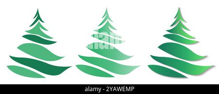 Trois sapins de Noël stylisés dans différentes nuances de vert, avec un design élégant. Définir sur un fond blanc. Illustration vectorielle Illustration de Vecteur