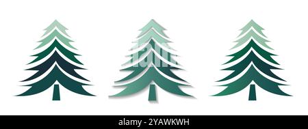 Trois sapins de Noël stylisés dans différentes nuances de vert, avec un design élégant. Définir sur un fond blanc. Illustration vectorielle Illustration de Vecteur