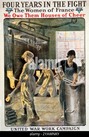 Quatre ans dans la lutte. Les femmes de France, nous leur devons de maisons d'applaudir. Organisation des travaux de guerre Campagne. Y.W.C.A. Artiste Jonas, Lucien, 1880-1947, publié en 1918. Résumé : Les femmes travaillant dans une usine. Banque D'Images