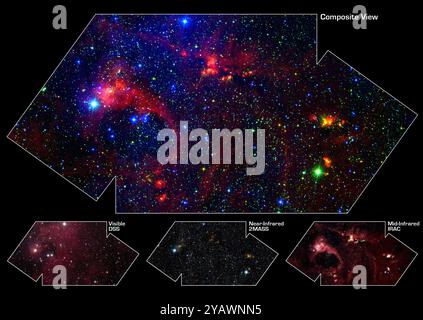 Formation d'étoiles dans la région DR21 (A). Cachée derrière un voile de poussière dans la constellation de Cygnus se trouve une pépinière stellaire appelée DR21, qui donne naissance à certaines des étoiles les plus massives de notre galaxie. Les images en lumière visible ne révèlent aucune trace de ce chaudron interstellaire en raison de l'obscurcissement de poussière. Banque D'Images