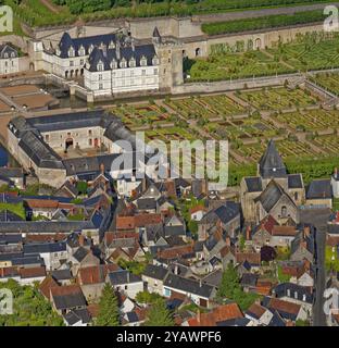 France, Indre-et-Loire, Villandry-le-Château, jardins, vue aérienne Banque D'Images