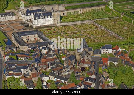 France, Indre-et-Loire, Villandry-le-Château, jardins, vue aérienne Banque D'Images