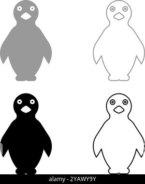 Pingouin Set icône gris noir couleur illustration vectorielle image simple plein contour ligne de contour mince style plat Illustration de Vecteur