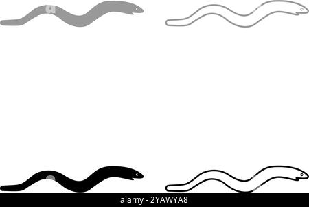 Anguille poisson serpent forme de fruits de mer concept set icône gris noir couleur illustration vectorielle image simple plein contour ligne de contour mince style plat Illustration de Vecteur