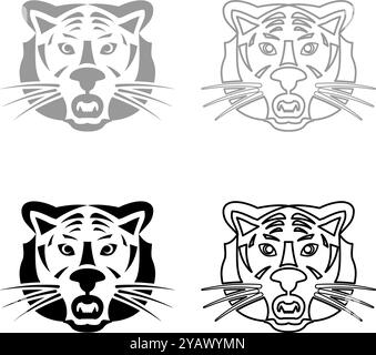 Tiger Head Set icône gris noir couleur illustration vectorielle image simple plein remplissage contour ligne de contour mince style plat Illustration de Vecteur