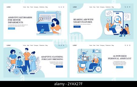 Ensemble de technologie futuriste. L'assistant AI aide à la maison, le membre imprimé en 3D améliore la mobilité, le robot de téléprésence connecte les gens. Thèmes d'innovation inclusive. Illustration vectorielle. Illustration de Vecteur