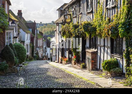 Vue en bas de Mermaid Street avec le Mermaid Inn dans la lumière du soleil de l'après-midi, Rye, East Sussex, Angleterre, Royaume-Uni, Europe Banque D'Images