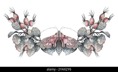 Une aquarelle élégante avec un papillon, des branches et des baies. Ce travail souligne la beauté de la nature et le détail des éléments, couleur délicate Banque D'Images