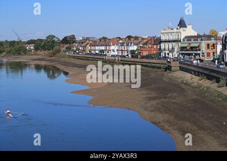 Un rameur passe devant la Terrace, la route A3003 au bord de la rivière Thames à Barnes, à l'ouest de Londres. Vue depuis le pont Barnes. Banque D'Images