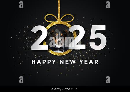 Bonne année 2025 avec un chien, fond noir. Banque D'Images
