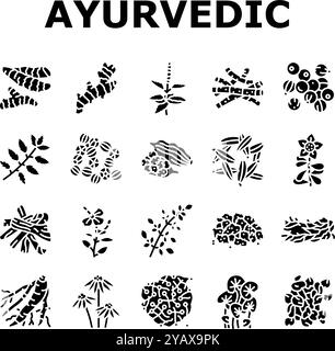 vecteur de jeu d'icônes de santé de médecine d'herbes ayurvédiques Illustration de Vecteur