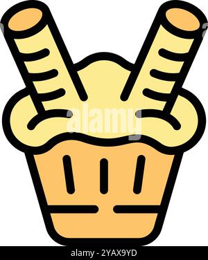 Illustration vectorielle simple d'un cupcake avec de la crème et deux rouleaux de gaufrettes sortant, parfait pour les projets liés à la nourriture Illustration de Vecteur