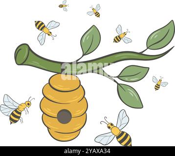 Ruche d'abeille sur la branche d'arbre avec des abeilles de miel Illustration de Vecteur