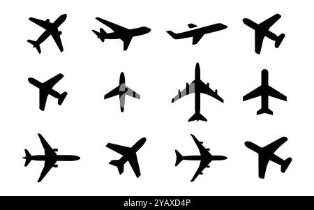 Vecteur de jeu d'icône noire d'avion sur fond blanc Illustration de Vecteur