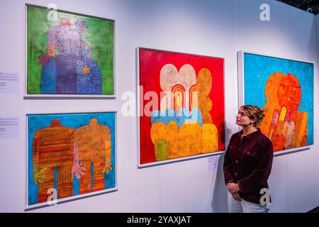 Londres, Royaume-Uni. 16 octobre 2024. Œuvres de Gustavo Ortiz - la foire d'art abordable revient au parc Battersea et se déroule jusqu'au dimanche 20 octobre. La foire offre aux visiteurs la possibilité d'acheter des œuvres de plus de 100 galeries locales et internationales à des prix compris entre £50 et £7 500. Crédit : Guy Bell/Alamy Live News Banque D'Images