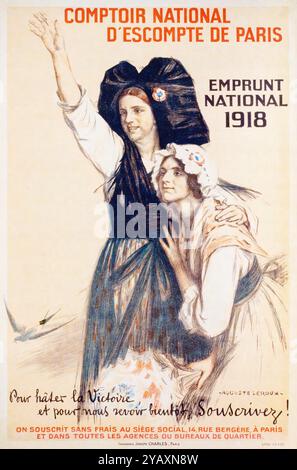 Français, WW1, affiche financière, comptoir national d'escompte de Paris, Emprunt National 1918 (emprunt National 1918, War Bonds) par Auguste Leroux, 1917-1919 Banque D'Images