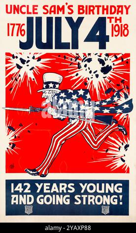 Anniversaire de l'oncle Sam, 1776 - 4 juillet - 1918, 142 ans jeune et fort (oncle Sam avec un fusil), américain, US, WW1, affiche de motivation, 1917-1919 Banque D'Images