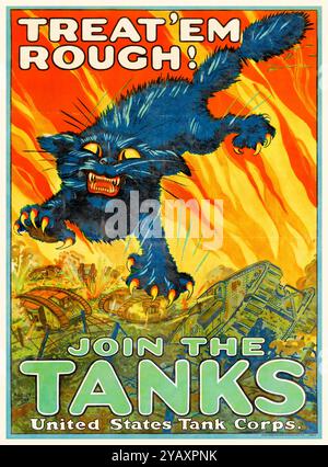 Treat 'em Rough!, Join the Tanks, United States Tank corps, American, US, WW1, affiche de recrutement par August William Hutaf, 1917-1919 Banque D'Images