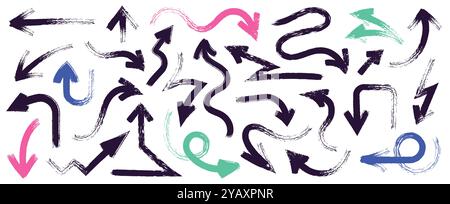 Flèches en gras dessinées à la main. Pointeurs de ligne de courbe Doodle, croquis de signes de direction de mouvement approximatif, pointeurs de mouvement de gribouillage de crayon vintage. Ensemble isolé de vecteur Illustration de Vecteur