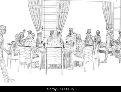 Wireframe de personnes assises dans le restaurant sur des chaises et un canapé de lignes noires isolées sur fond blanc. Intérieur du restaurant. Vue en perspective. VEC Illustration de Vecteur