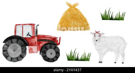 Animal de ferme mignon et tracteur. Botte de foin dessinée à la main et tracteur rouge sur fond blanc isolé. Clip style country Idéal pour les cartes éducatives Banque D'Images