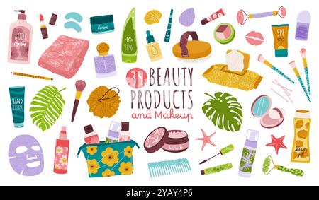 30 produits de beauté décoratifs, cosmétiques et maquillage Illustration de Vecteur