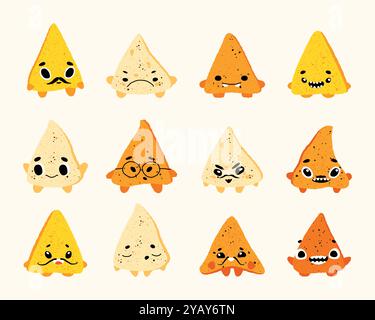 Personnages de nachos de dessin animé. Snack traditionnel mexicain avec salsa et fromage, sports drôles et personnages de fête célébrant les fêtes. Vecteur isolé Illustration de Vecteur